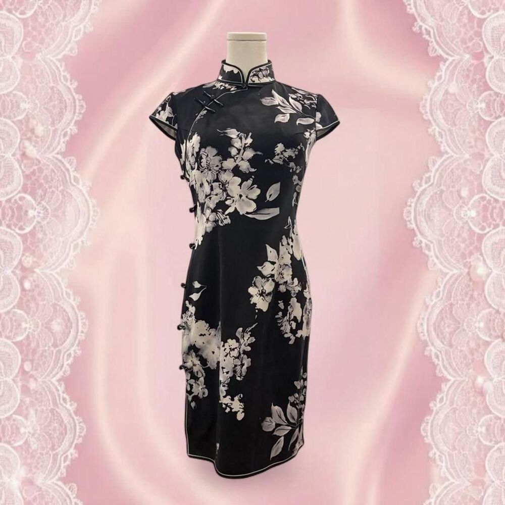 Women's Black and White Formal Silky Mini Dress Oriental Floral Dresses